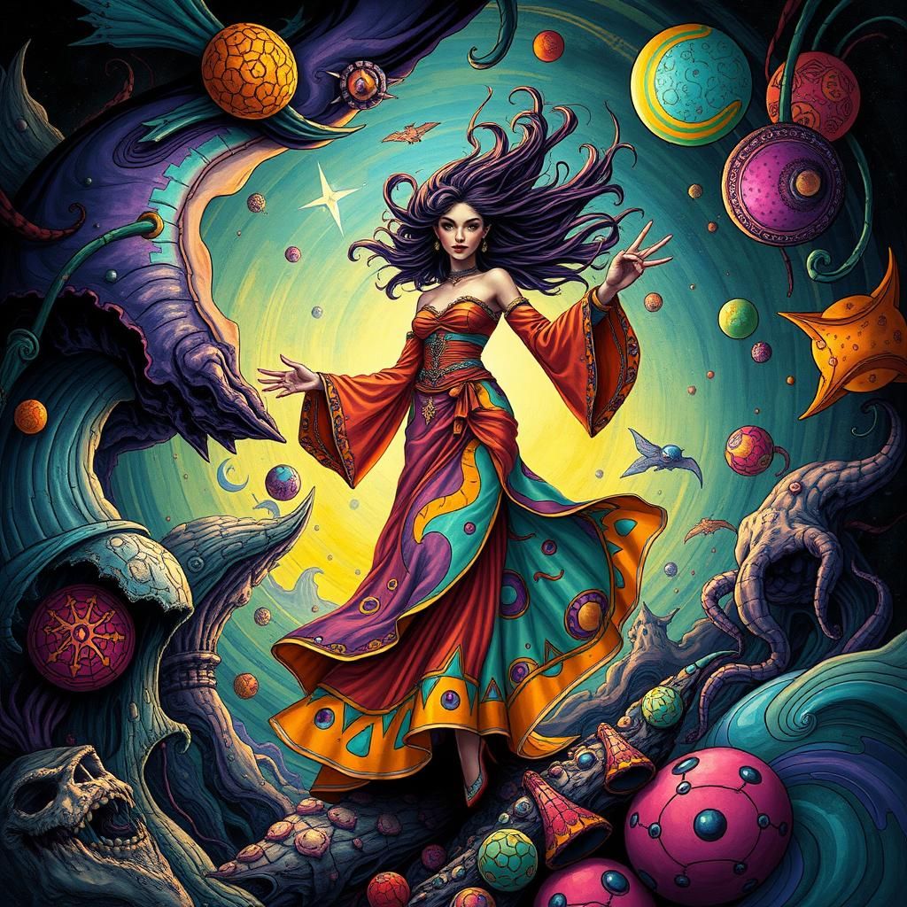 Psychedelic Female Figure in Surreal Vortex