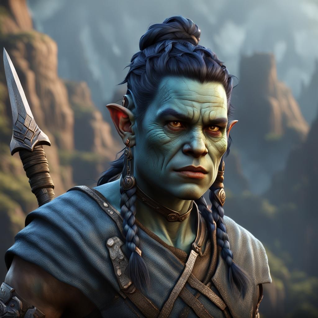 Young Half-Orc with Braids: Fantasy Concept Art