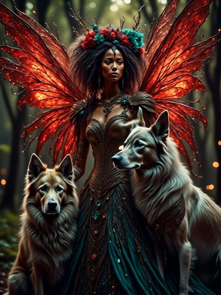 Mystical Woman and Silver Dog with Pulsing Energy