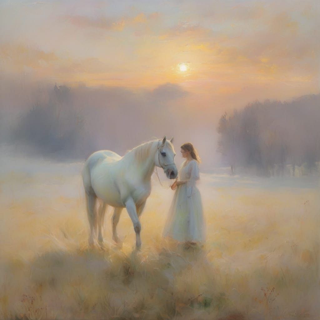 Swedish Woman and Horse in Impressionist Landscape