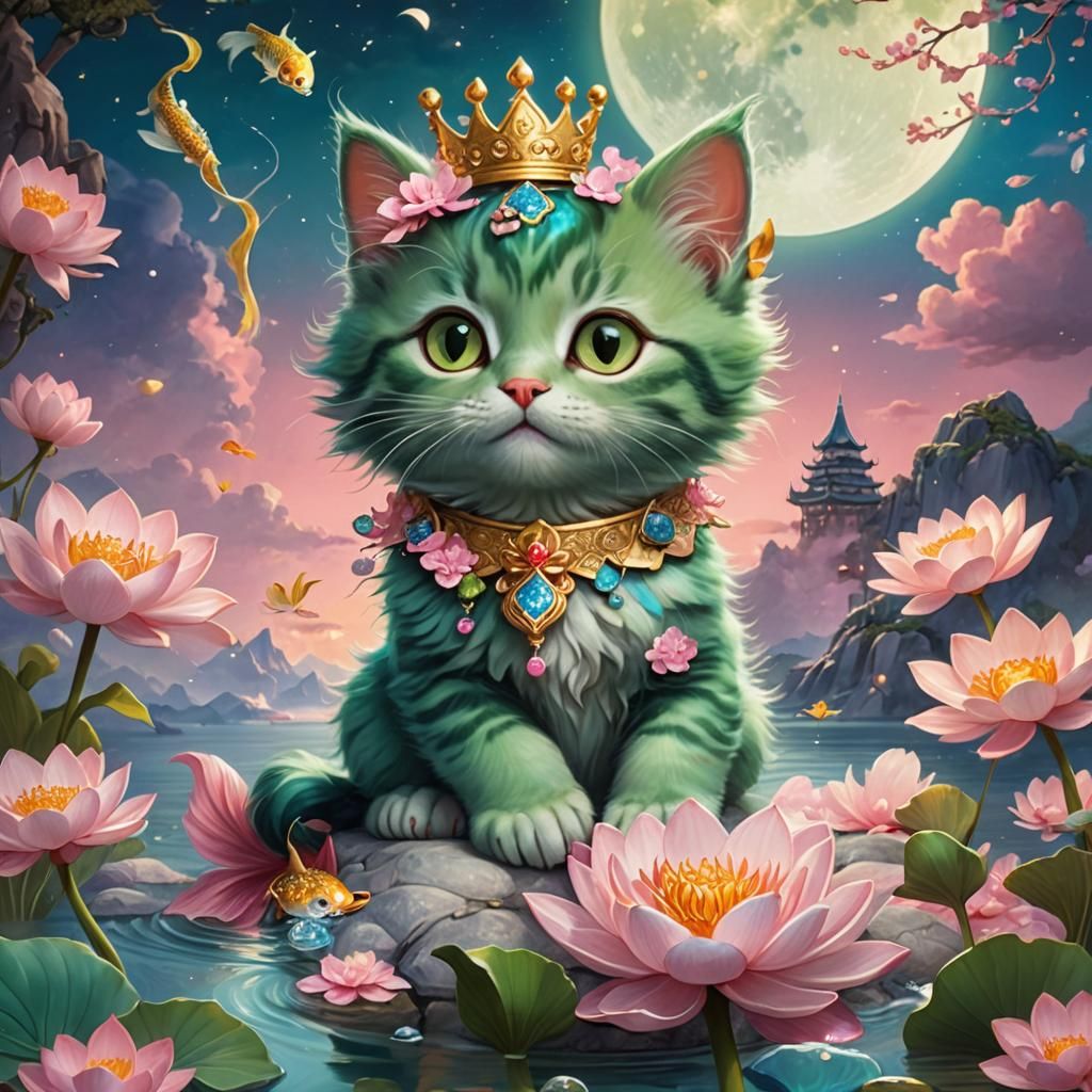 Whimsical Kitten Plays with Koi, Digital Art