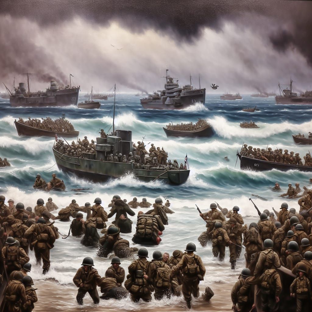 D-Day: Allied Soldiers Storm Normandy in Oil Painting