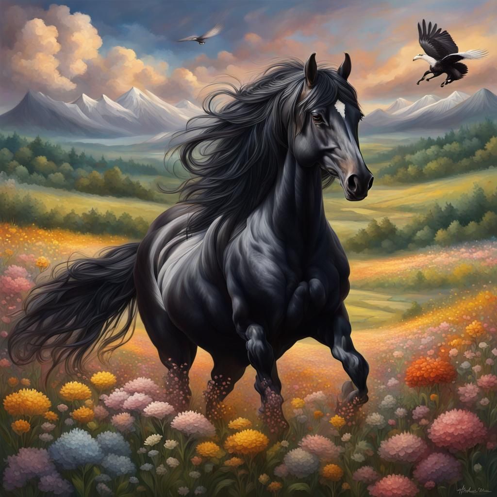 Majestic Black Horse in Flower Field, Hyperrealistic Art