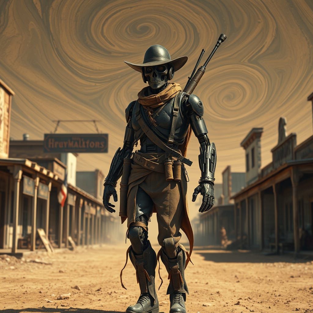 Stylized Robot Cowboy in Old West Town