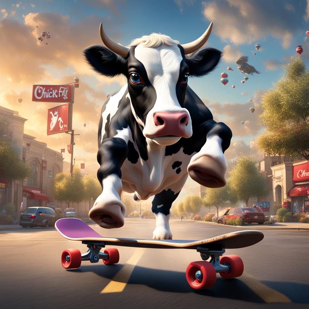 Chick-fil-A Cow Kickflip in Detailed Digital Painting