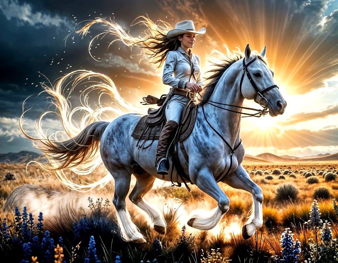 Cowgirl and Horse in Prairie: Freedom and Harmony