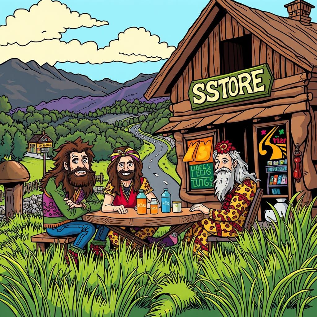 Whimsical Appalachian Country Store Scene in Dada Cartoon St...