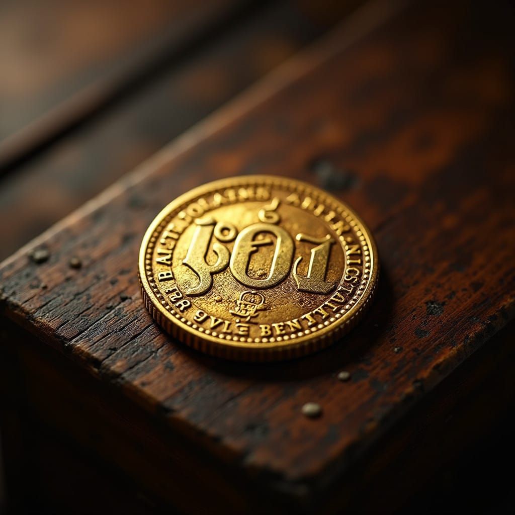 Vintage Gold Coin on Dark Wood