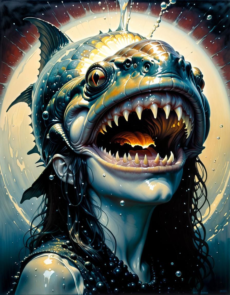 Cosmic Horror Piranha Attack as Detailed Fantasy Art