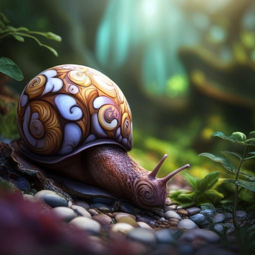 Snail with Intricate Shell in Secret Garden