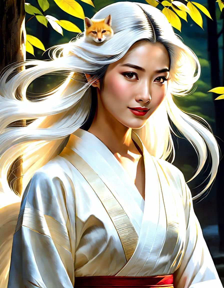 Kitsune Priestess in Ancient Shrine: Digital Portrait