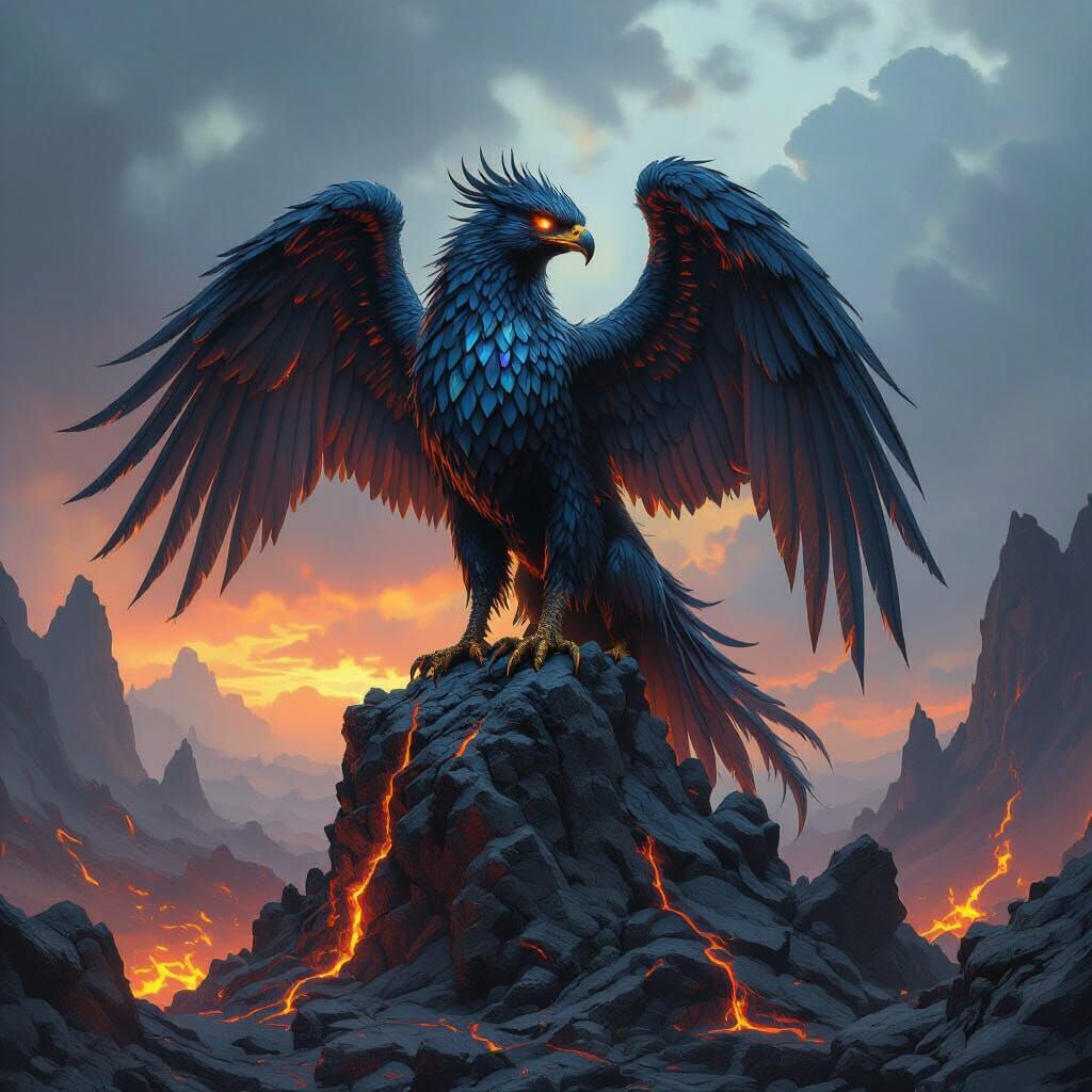 Obsidian and Magma Griffin on Volcanic Crag in Dark Fantasy ...