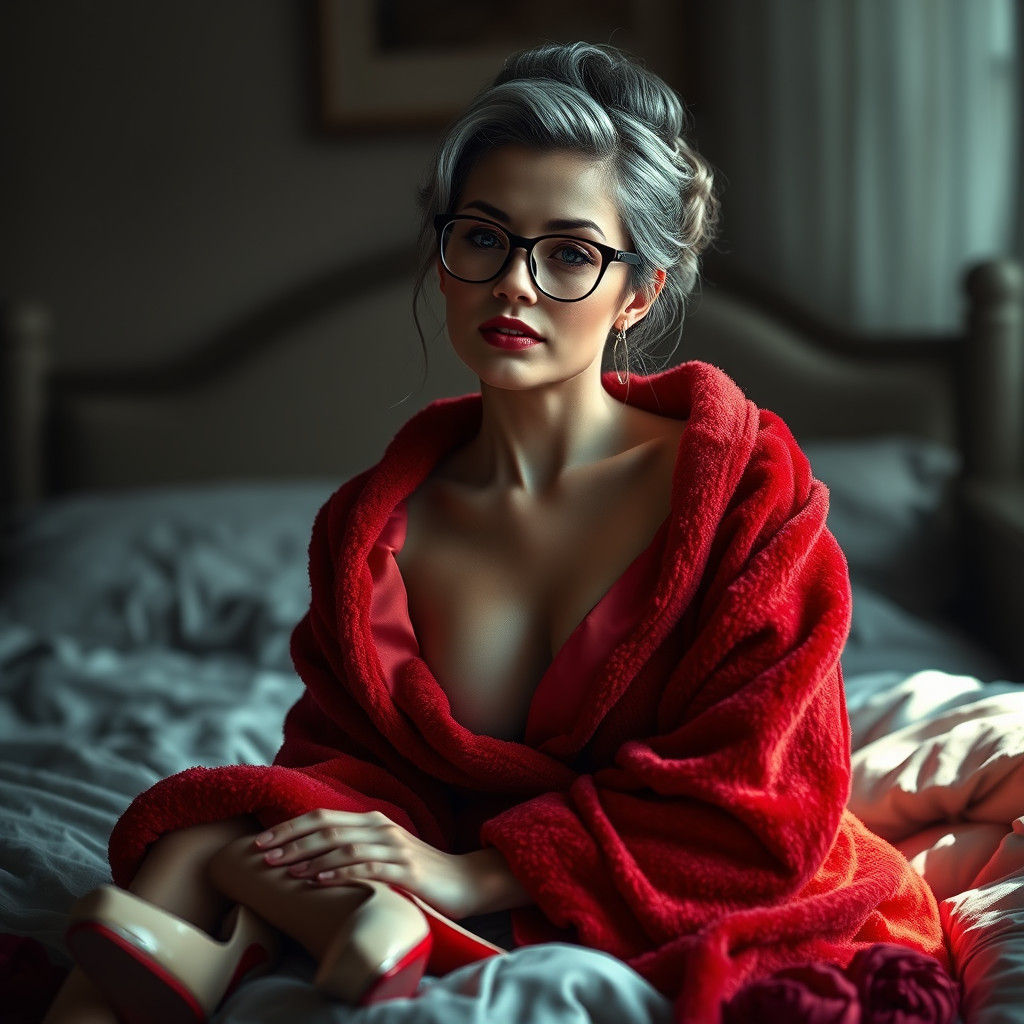 Elegant Woman in Red Robe: Ethereal Bedroom Portrait