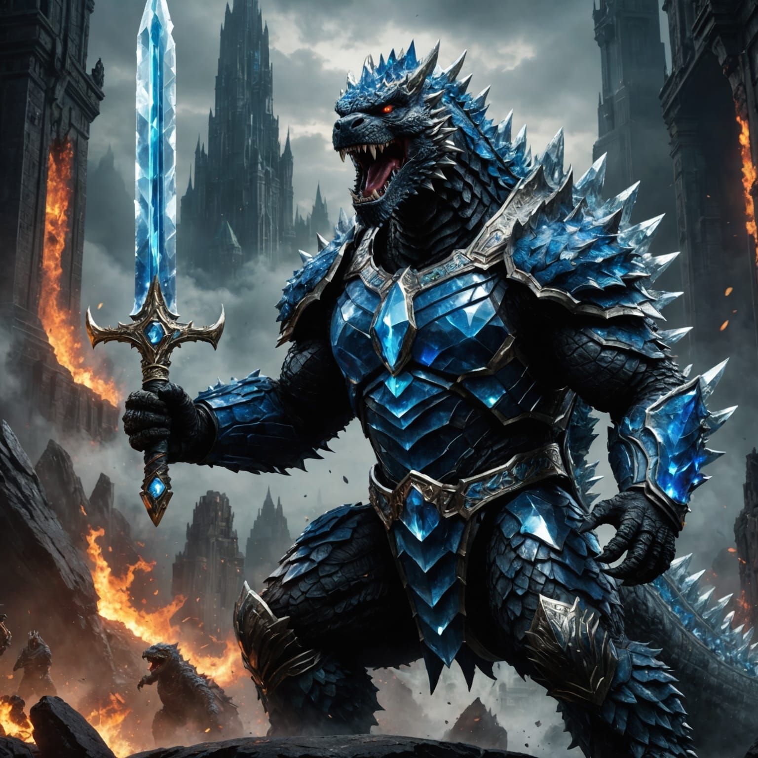 Godzilla Roars with Crystal Armor: Fantasy Art