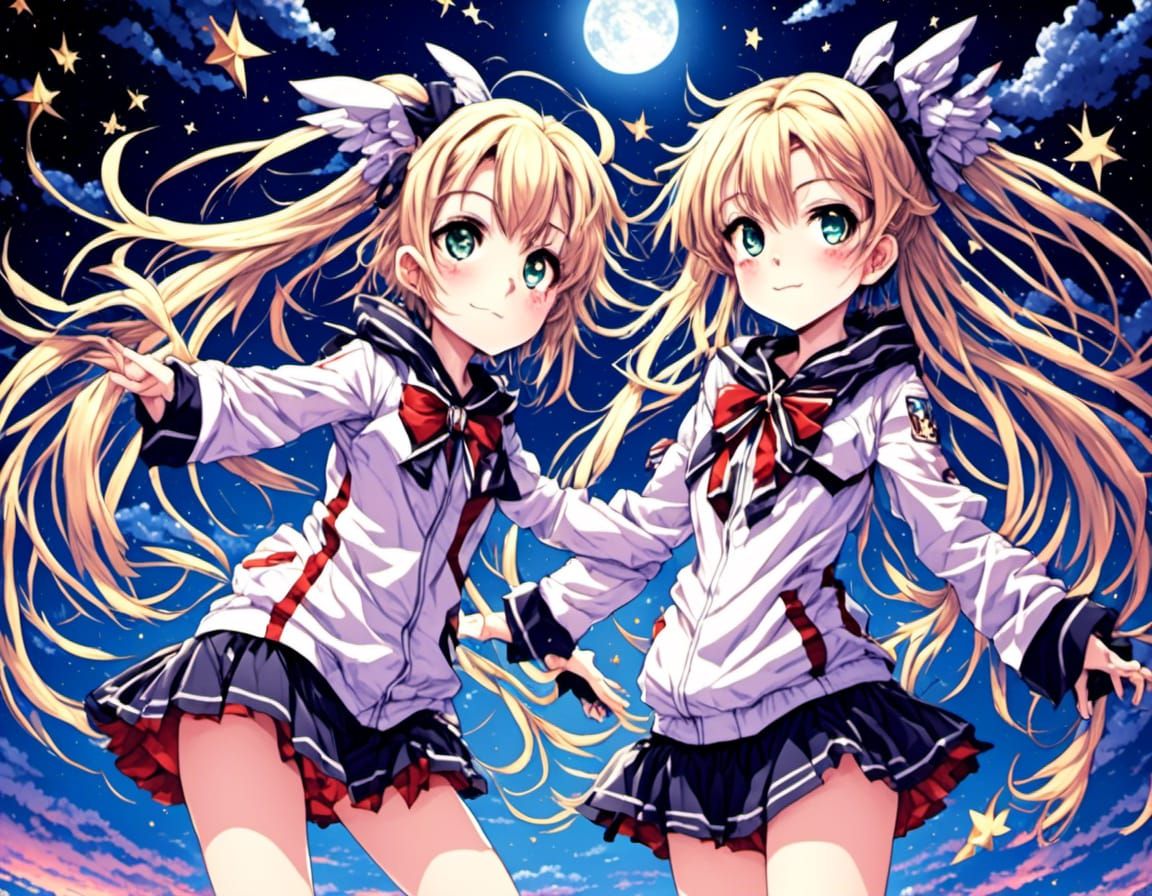 Anime Twins Under Twilight Sky with Shooting Star
