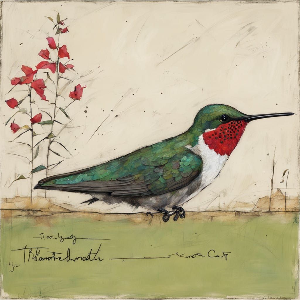 Vibrant Ruby Throated Hummingbird in Whimsical Style