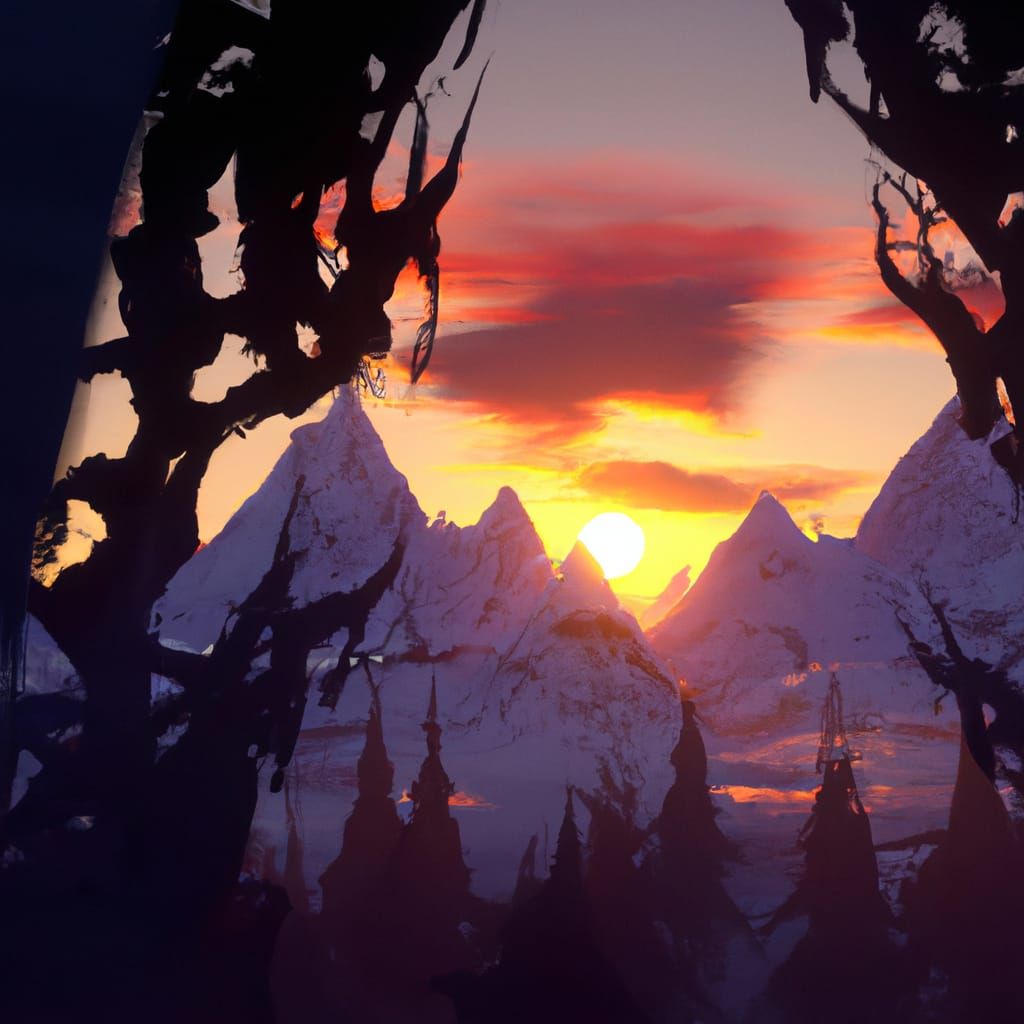 Snowy Mountains at Sunset in Fantastical Detail