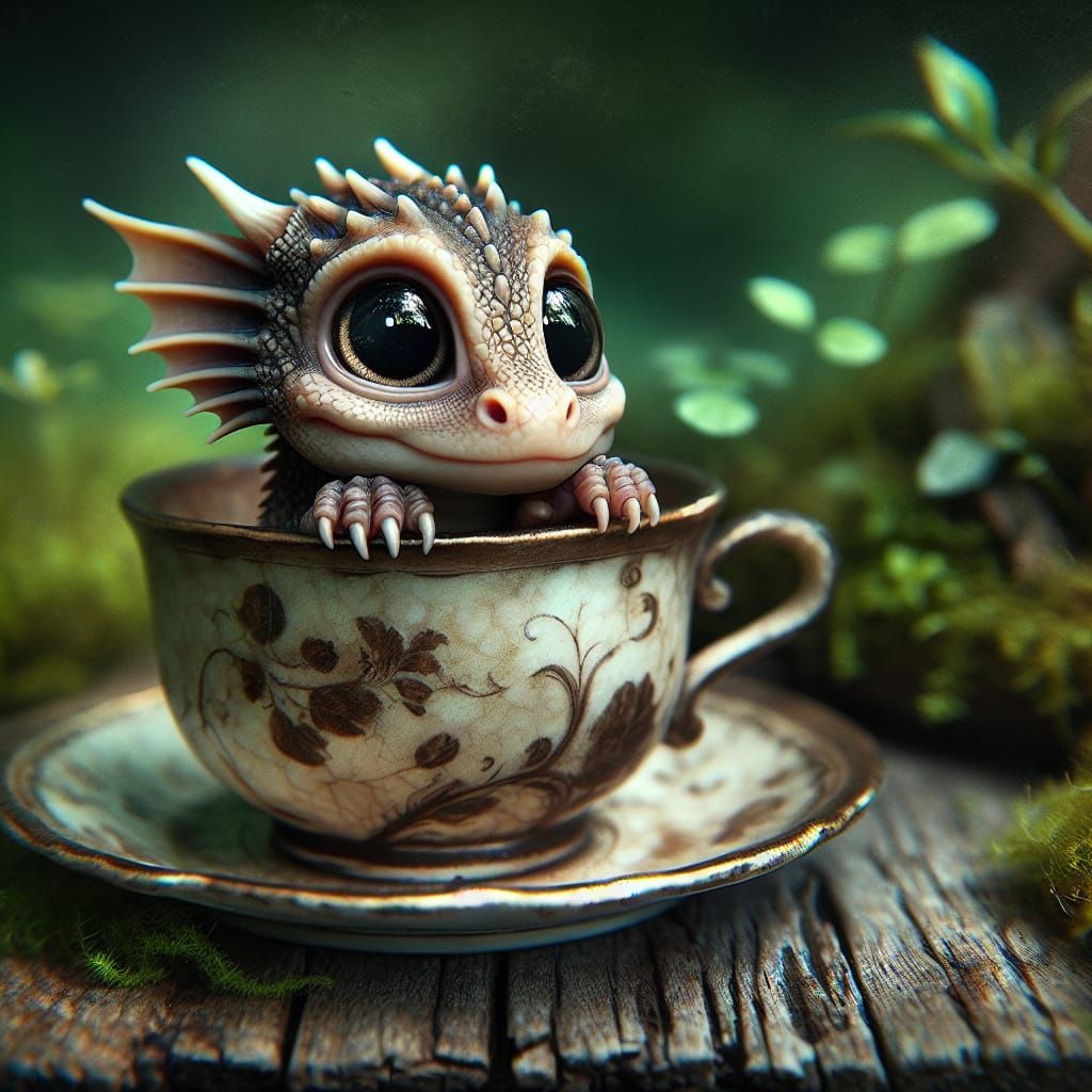 Dragon Hatchling in Teacup in Whimsical Landscape