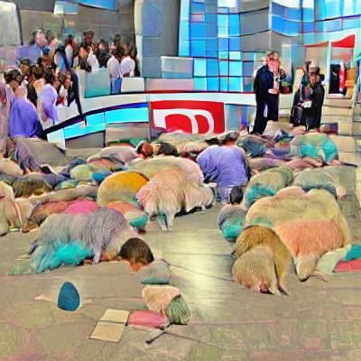 Crowd Worshipping at Altar in Pastel Colors