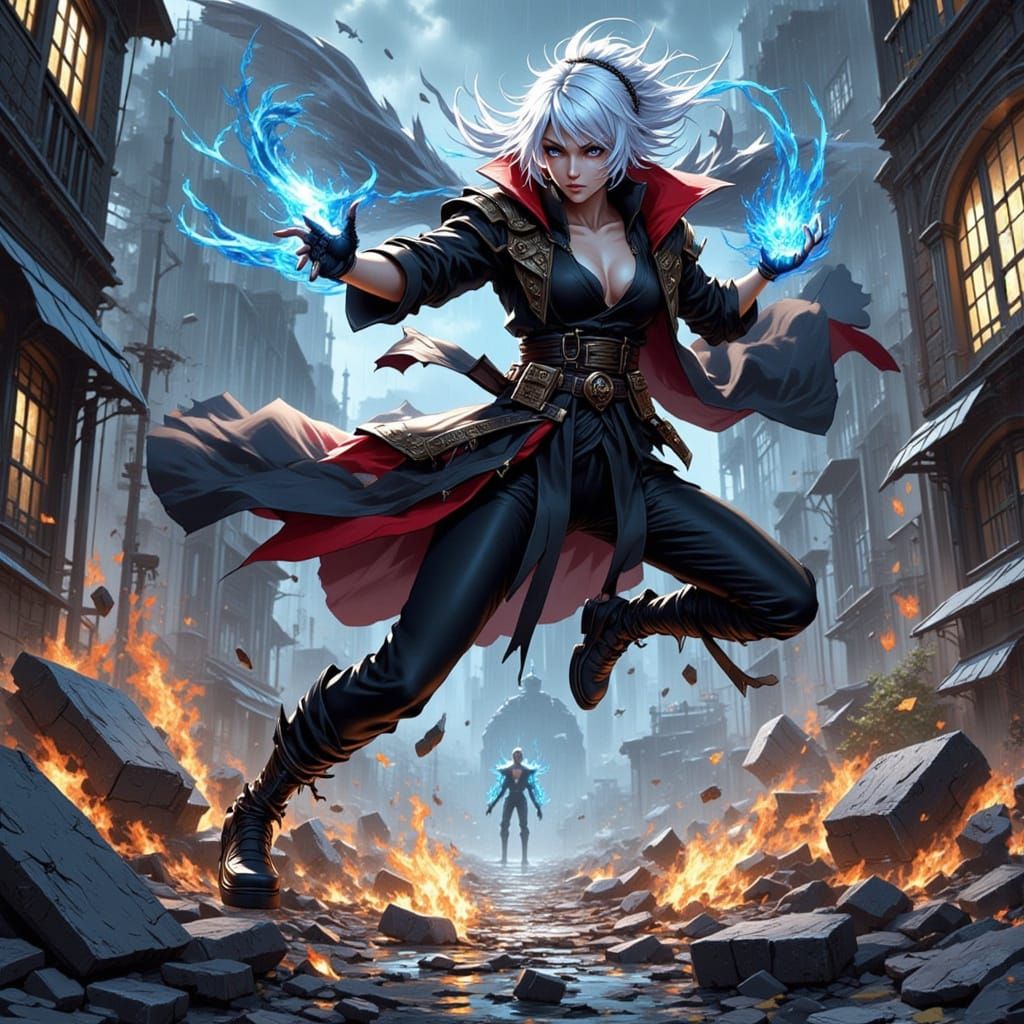 Dark Gothic Hero's Spinning Kick in Manga Style