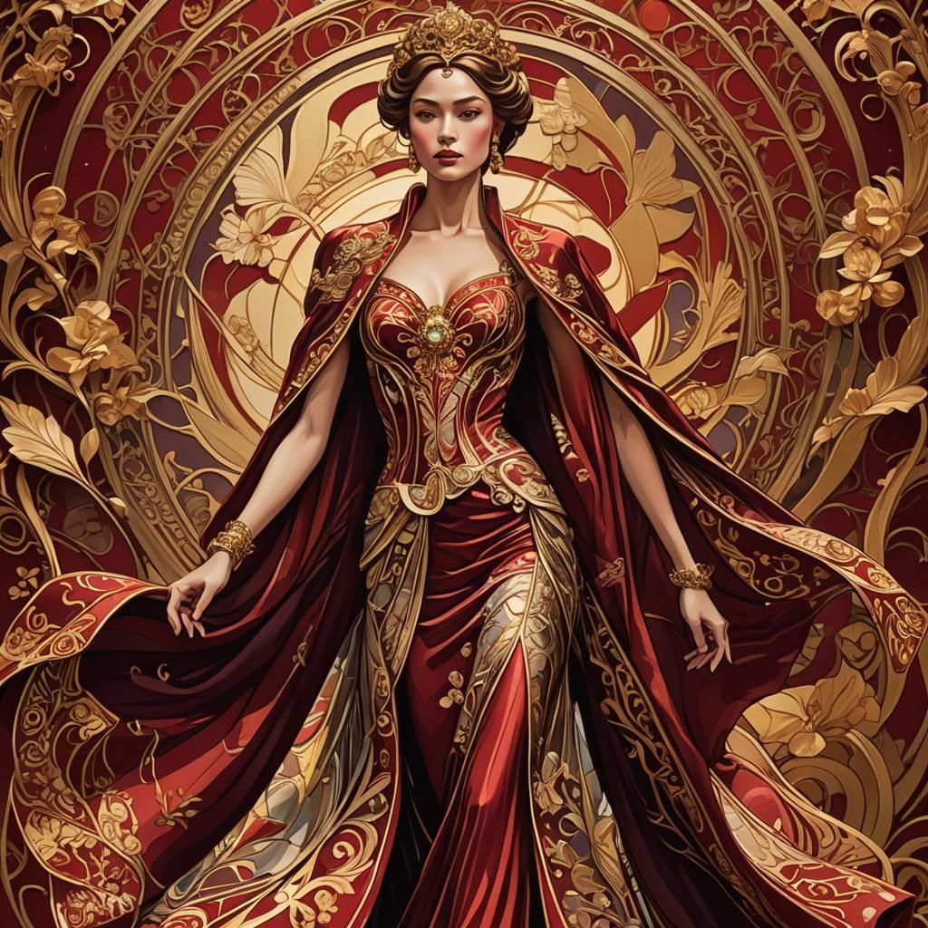 Art Nouveau Empress on Runway in Crimson and Gold