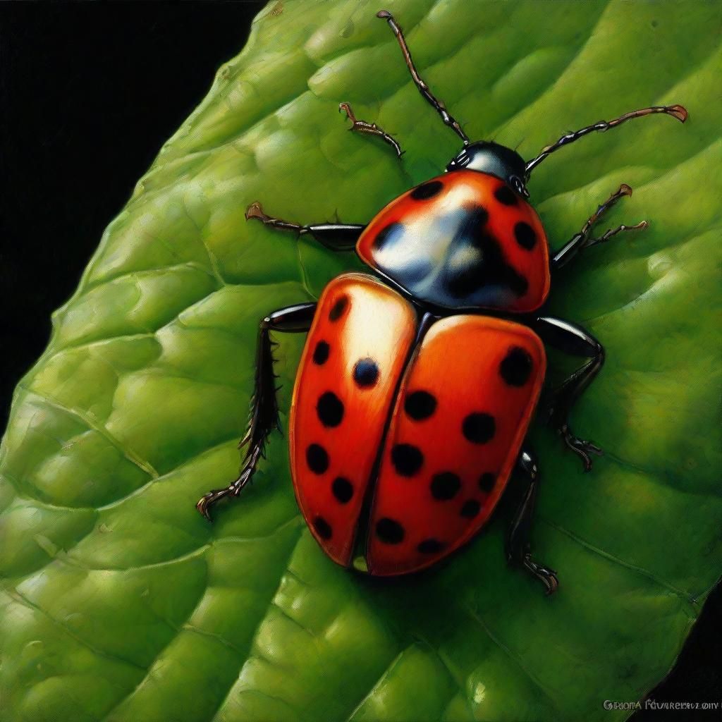 Green leaf, black dots, red shell