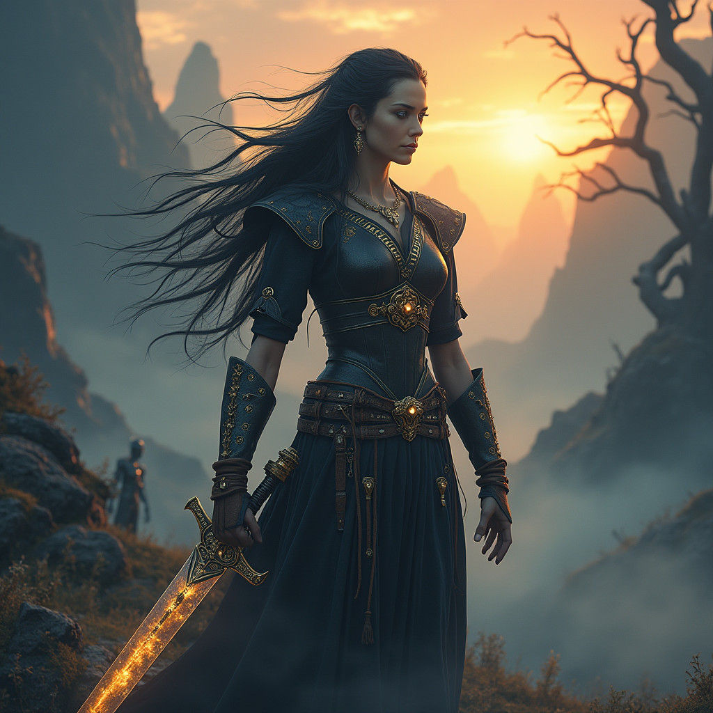 Ethereal Warrior-Priestess in Mystical Realm, Digital Art