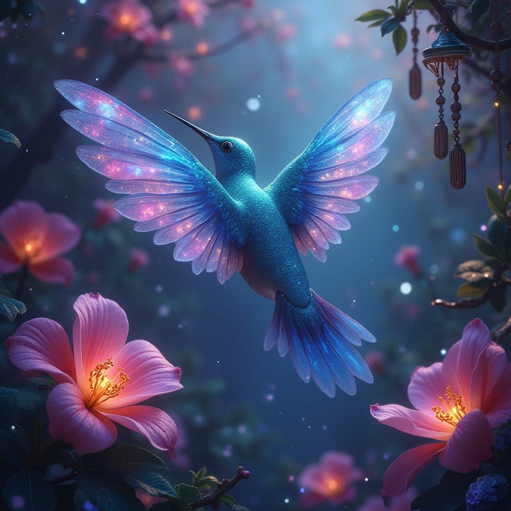 Bioluminescent Hummingbird in Crystal Garden