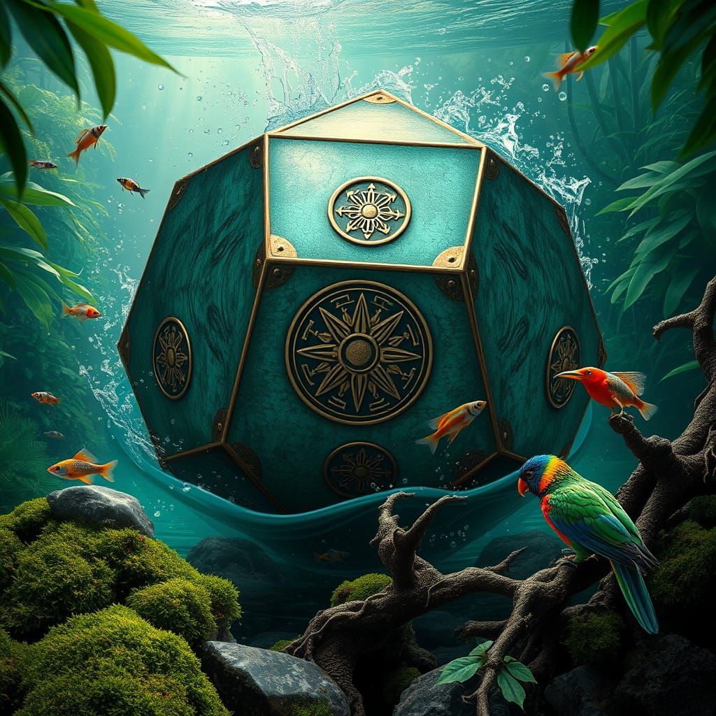 Bronze Dodecahedron Illuminated by Ethereal Light in a Jungl...