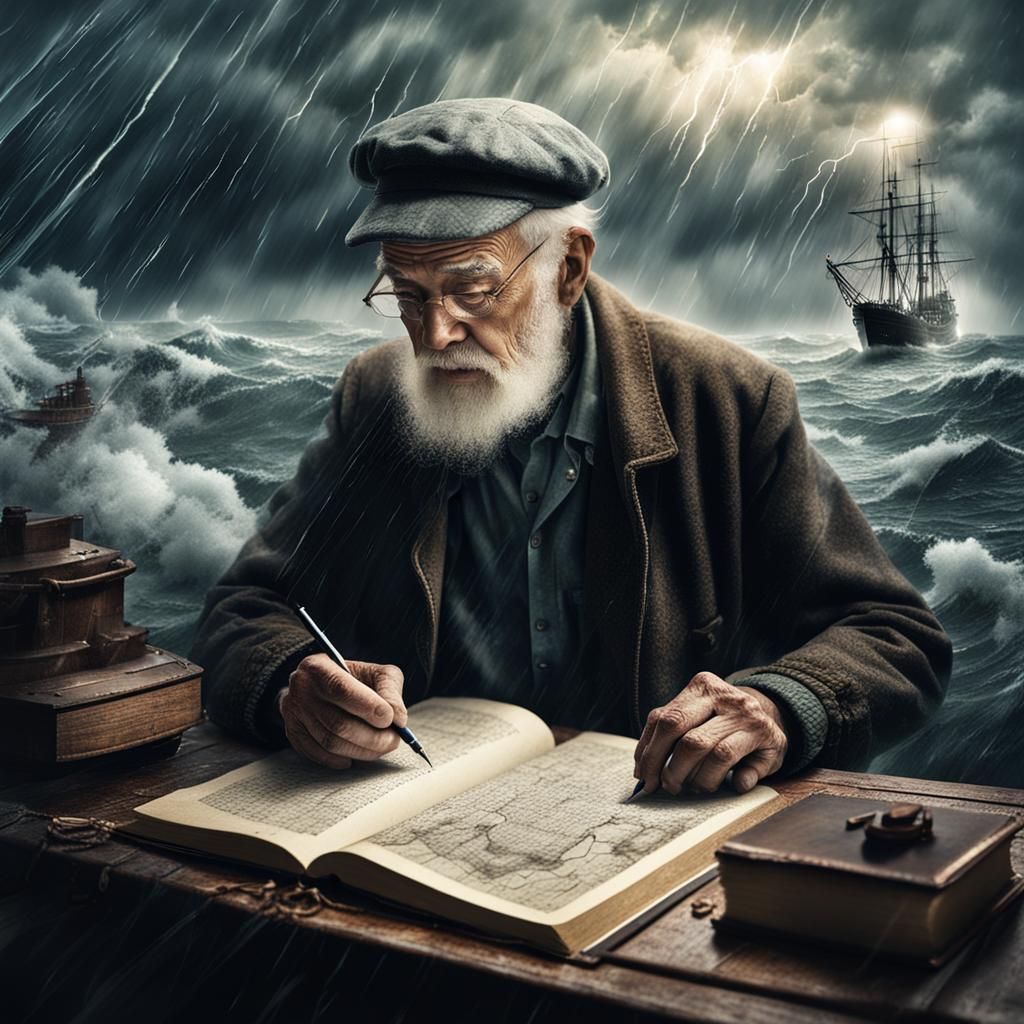 Double Exposure: Old Man Writing on Stormy Ship