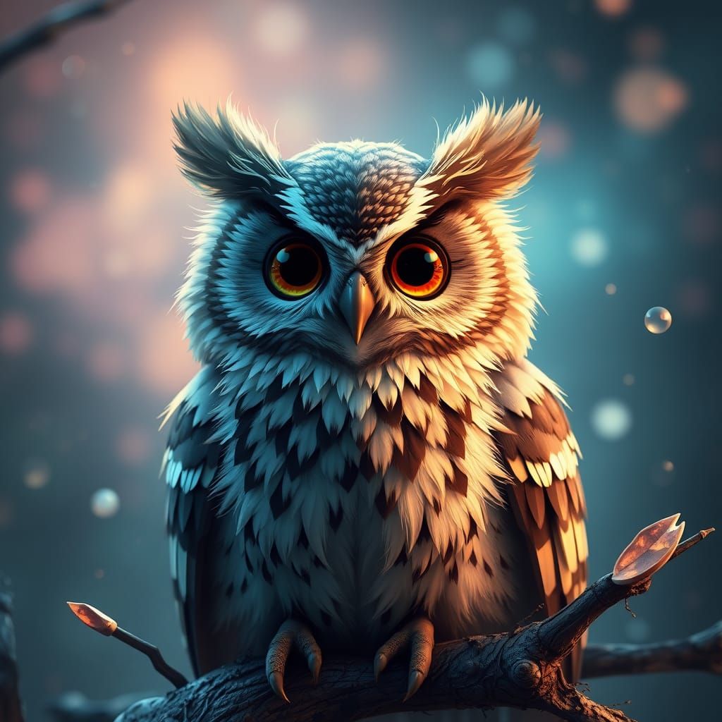Cute Baby Owl with Fantastical Details in Vibrant Colors
