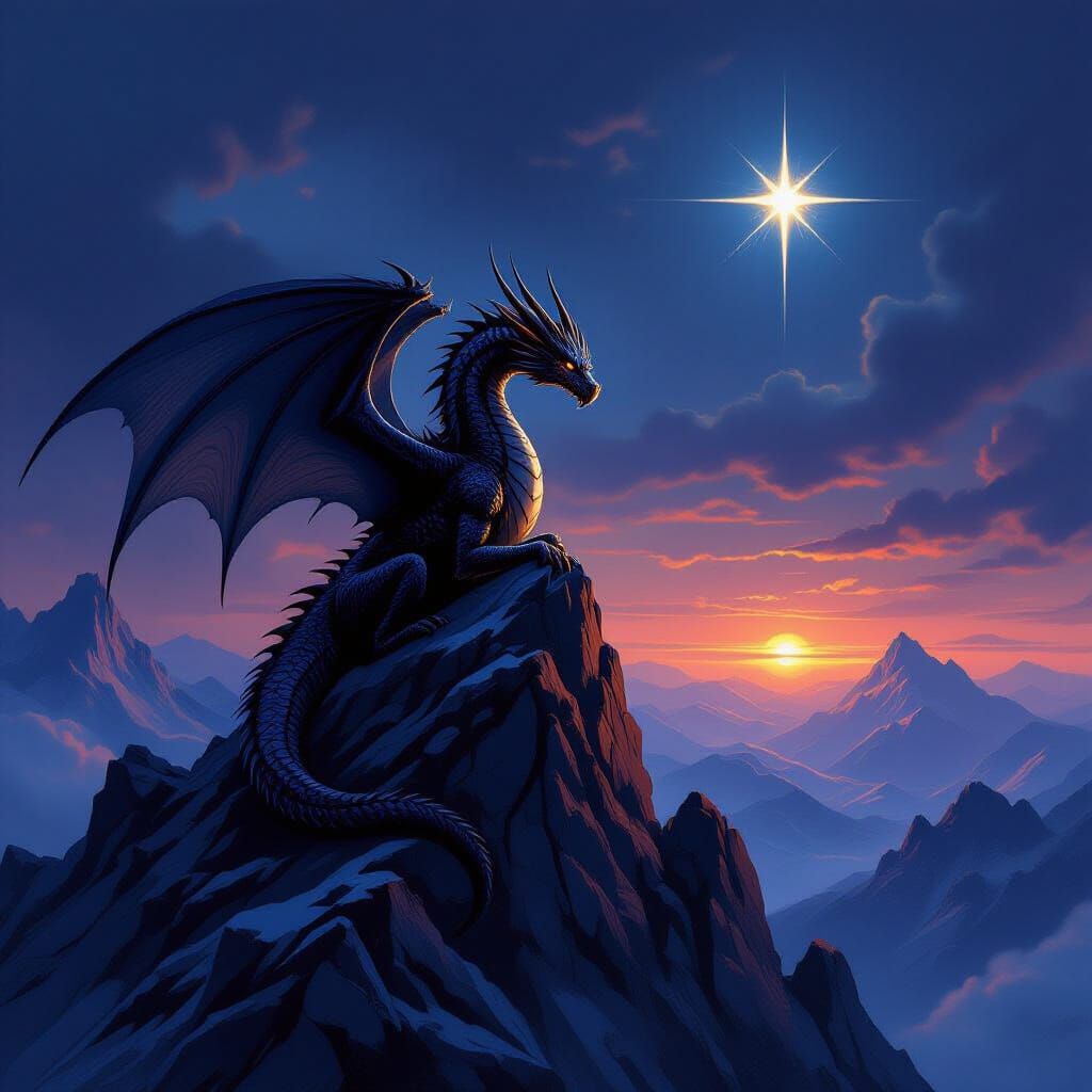 Majestic Obsidian Dragon on Mountain Peak Under Starry Sky