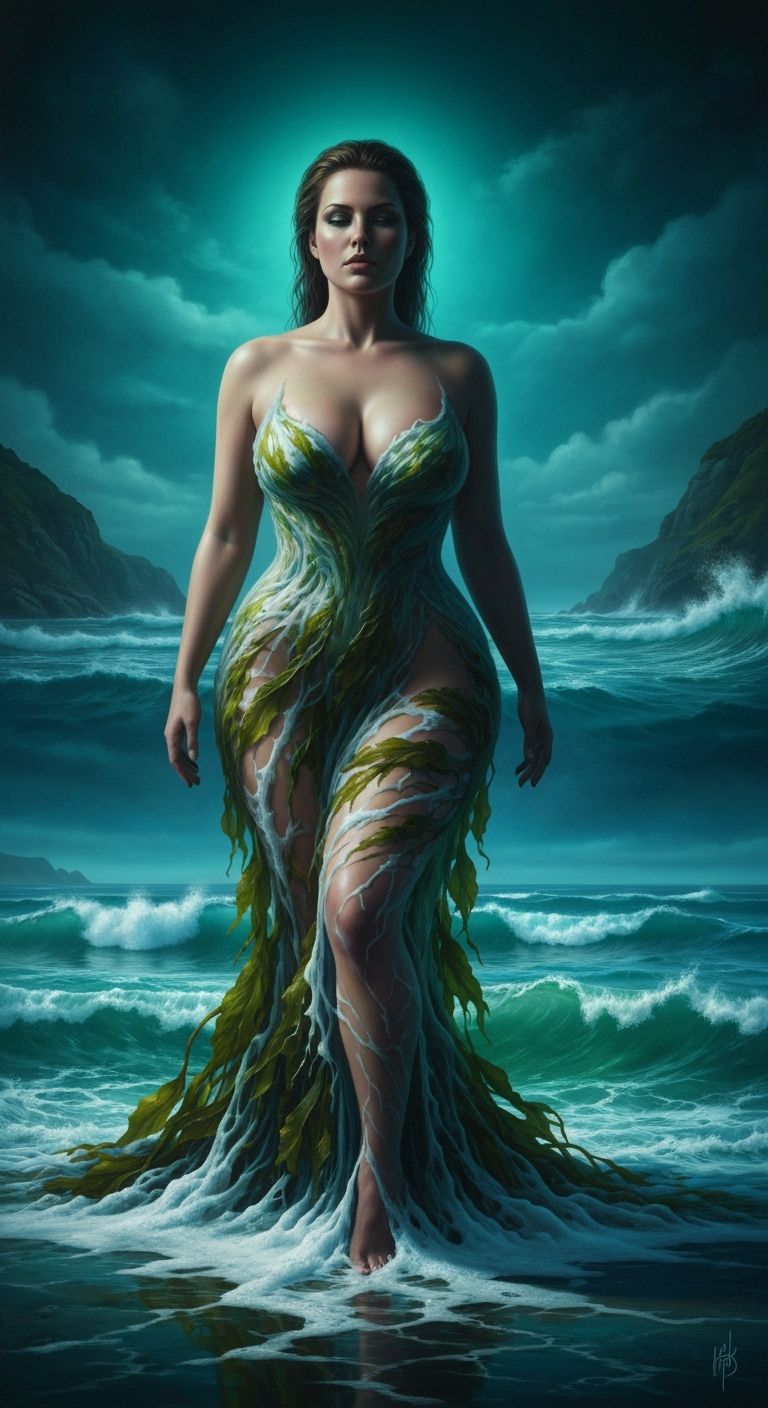 Woman Clothed by Sea Foam in Greg Hildebrandt Style