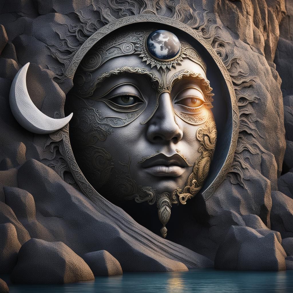 Surreal Face with Sun, Moon, and Waterfall