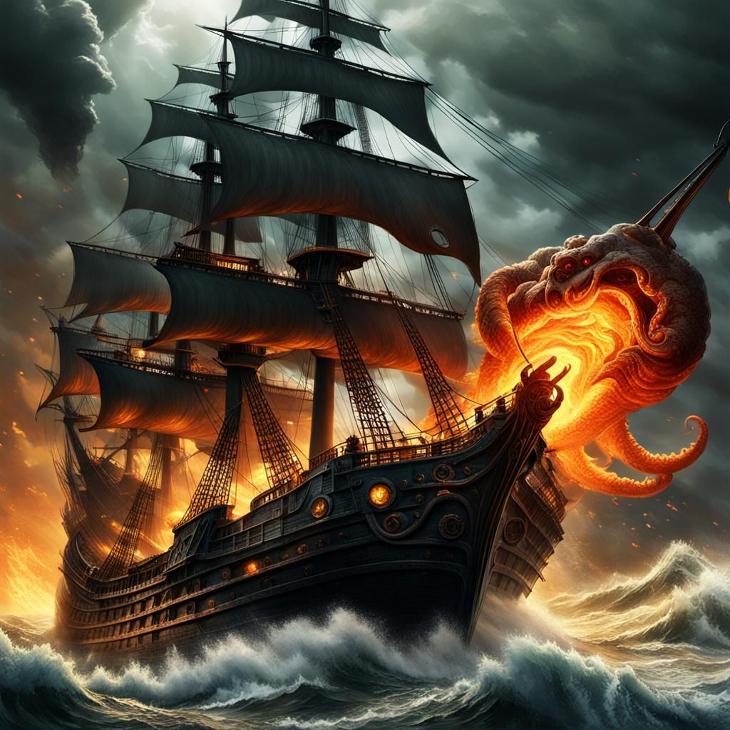 Kraken Attacks Pirate Ship in Stormy Seas