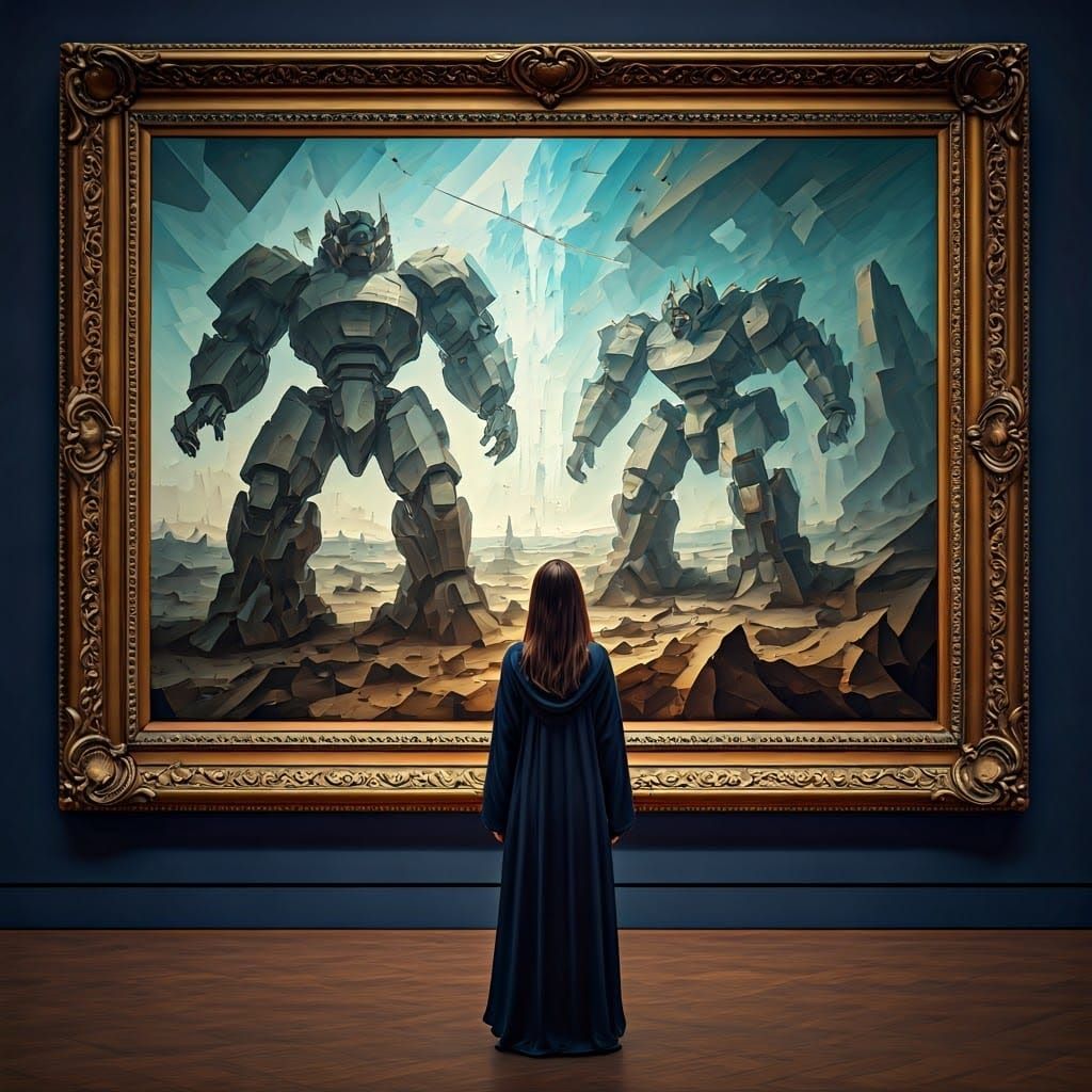 Woman Observes Mecha Battle in Surrealist Painting
