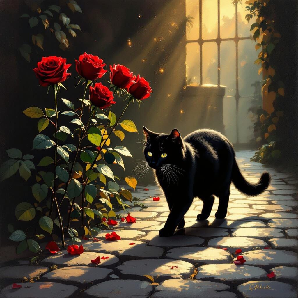 Black Cat and Red Roses in Painterly Style