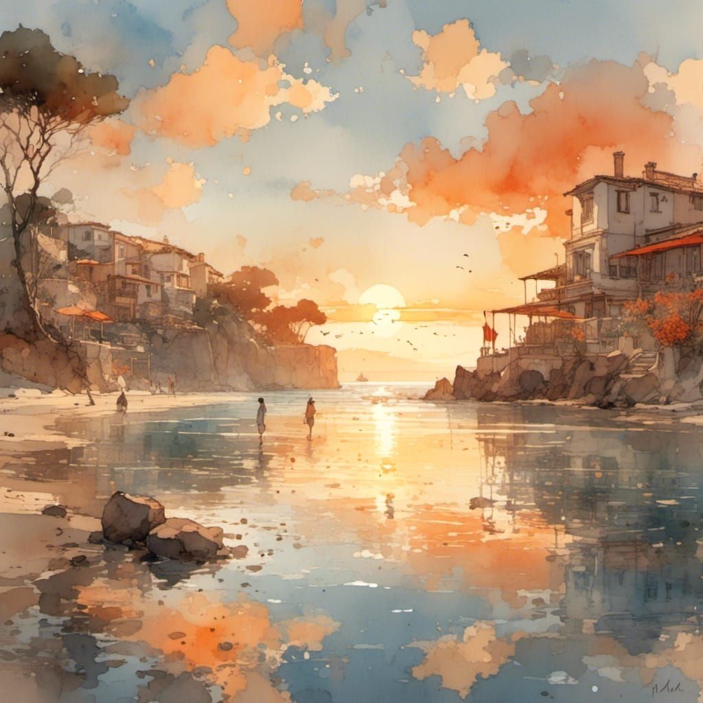 Mediterranean Cove at Sunrise as Watercolor Art