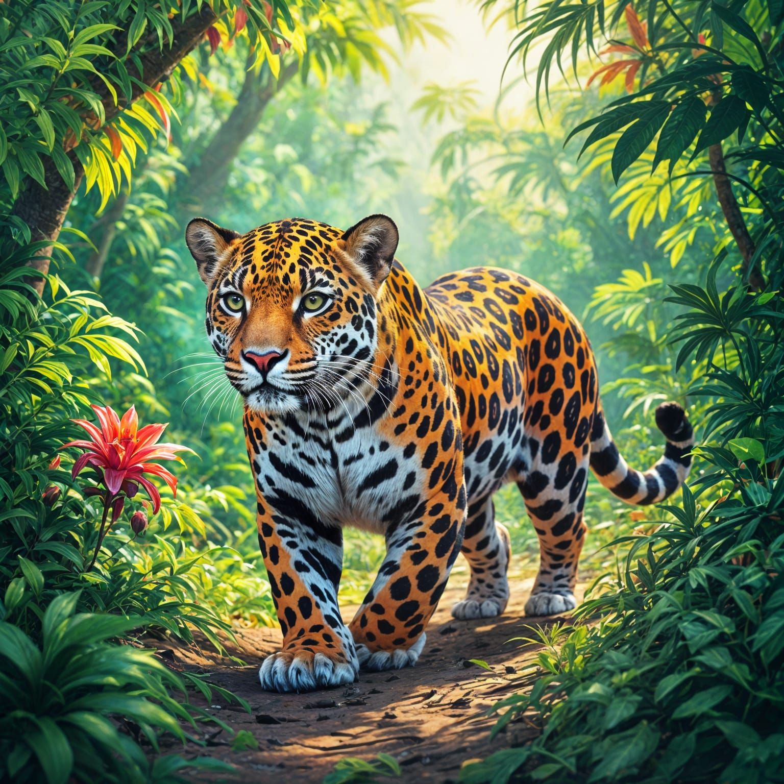 Jaguar in Rainforest, Lisa Frank Style