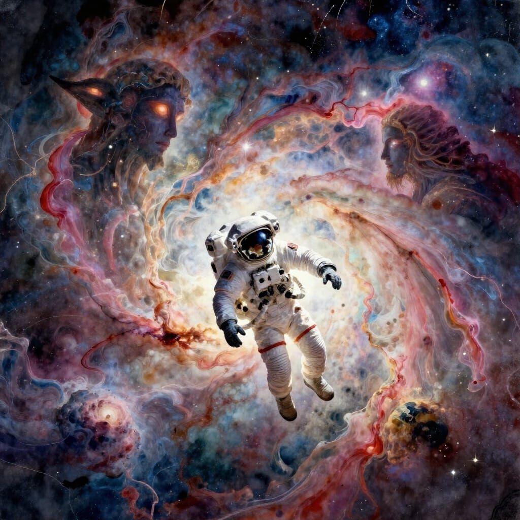 Astronaut Drifts Through Cosmic Nebula with Celestial Beings