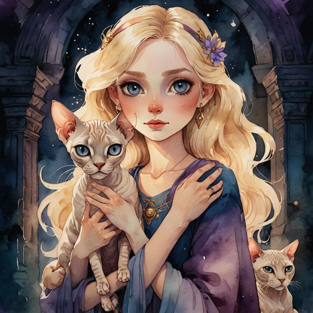 Girl with Sphynx Cat in Watercolor Style