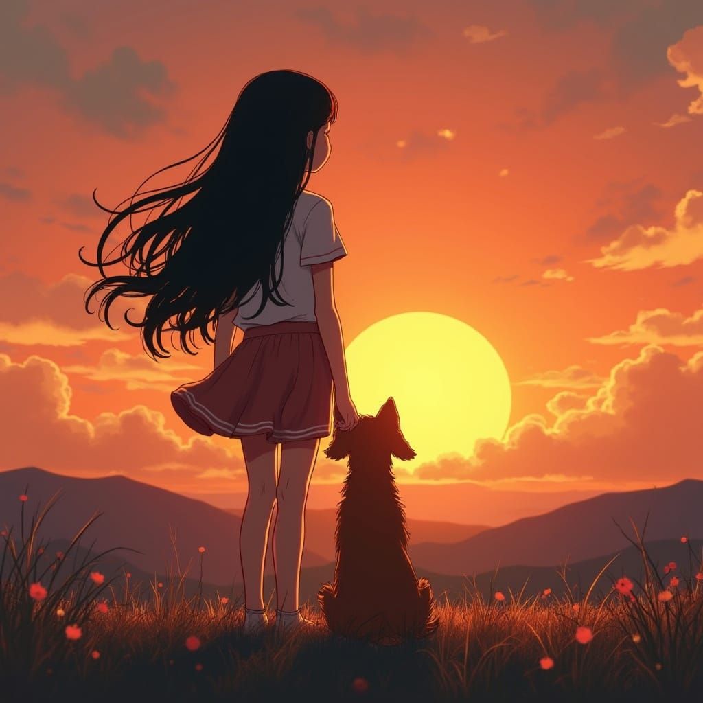 Girl and Dog Gaze at Vibrant Sunset in Dreamy Landscape