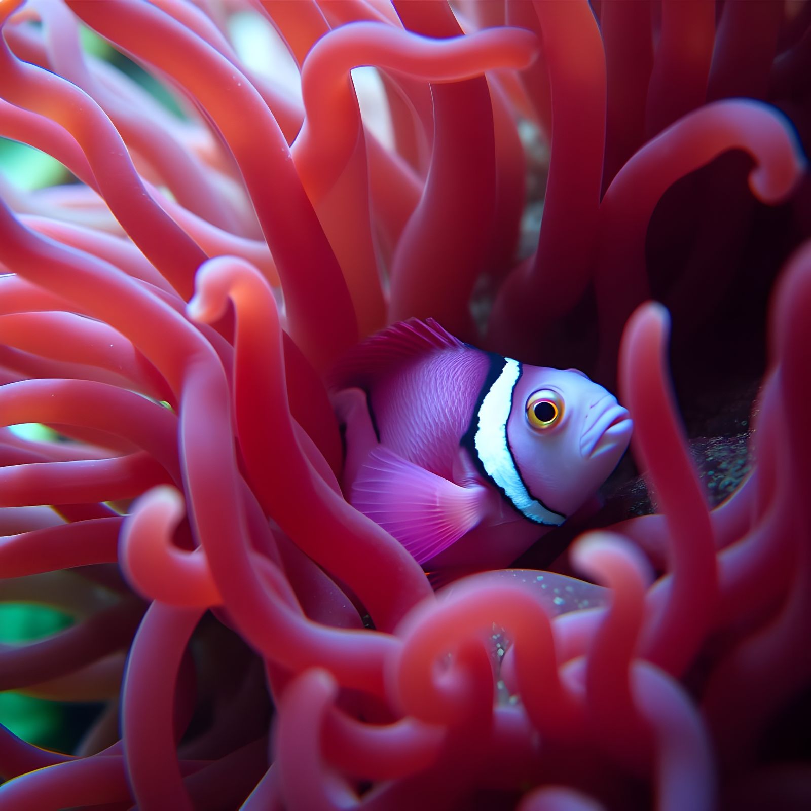 Pink Clownfish Hiding in Sea Anemone