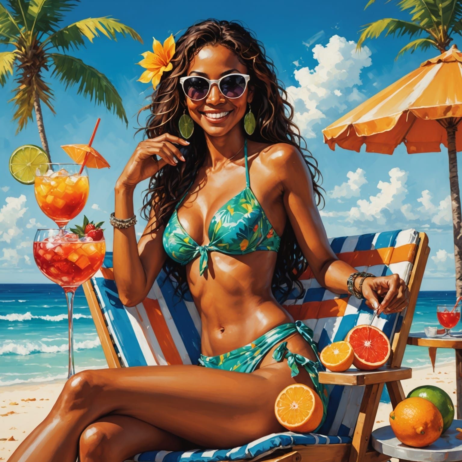 Woman Lounging on Beach in Abstract Art Style