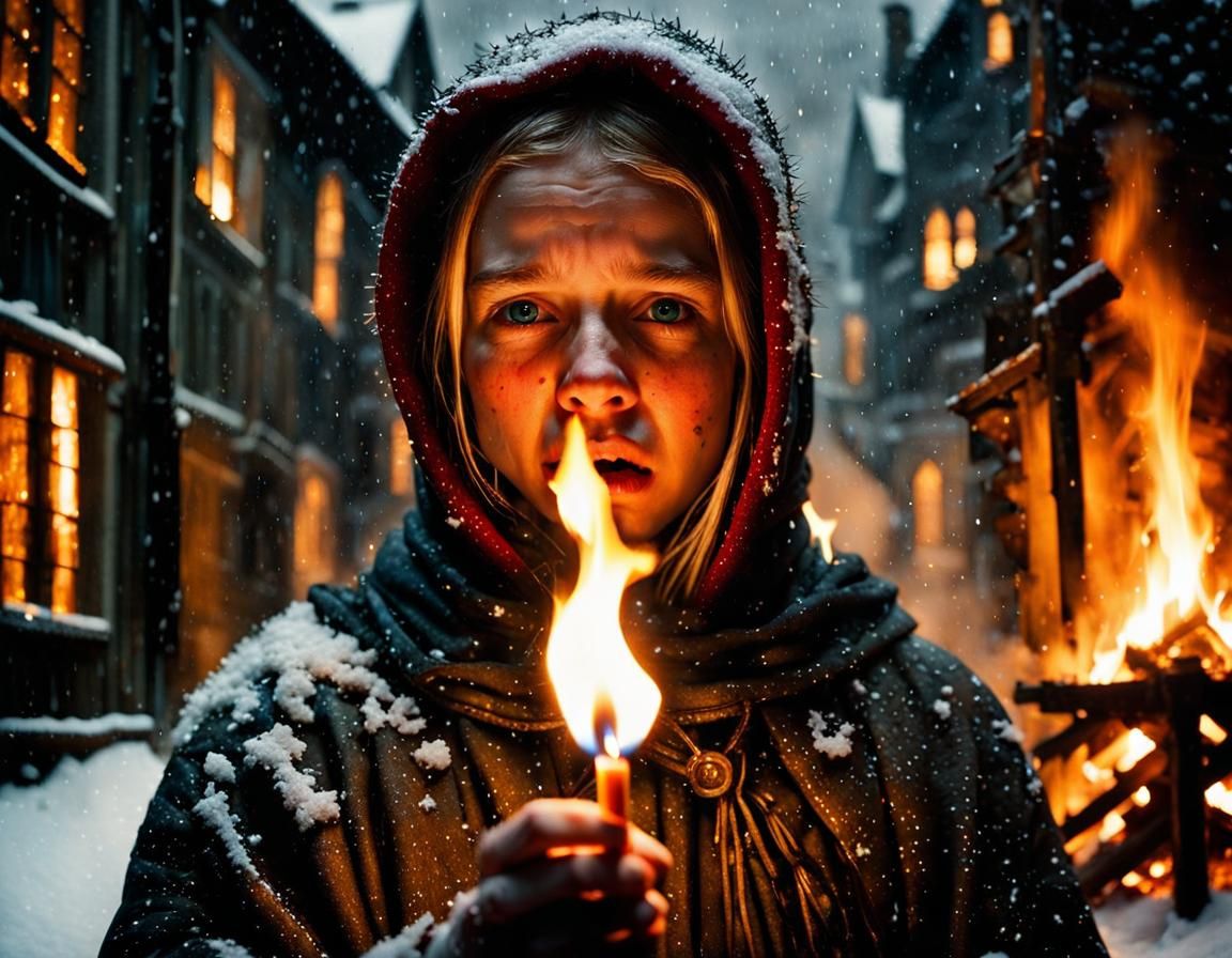 Matchstick Girl Burning in Snowy City