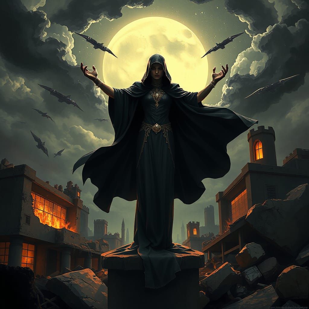 Art Deco Apocalypse: Triumphant Figure in Ruined City