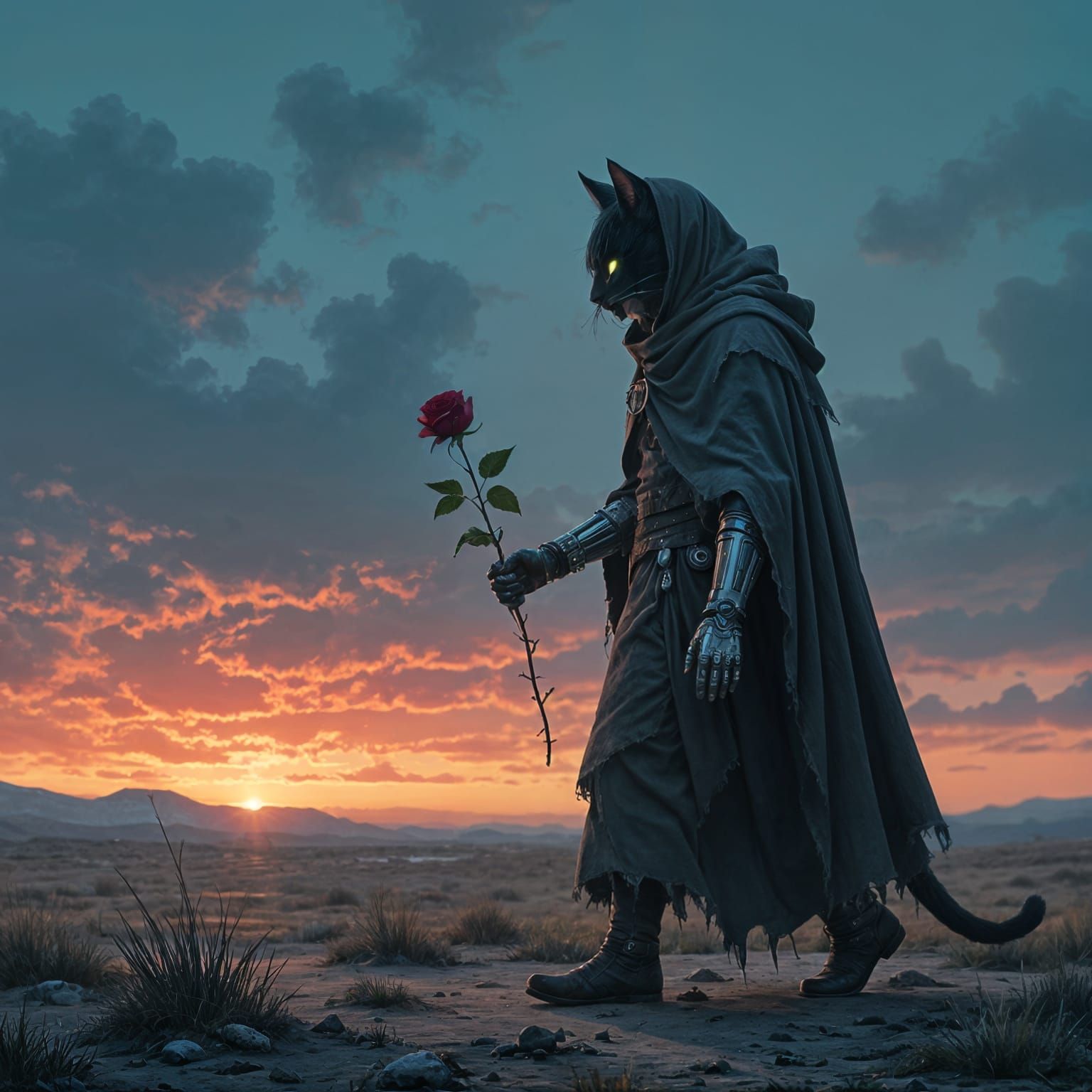 Cybernetic Cat Holds Wilting Rose in Desolate Landscape