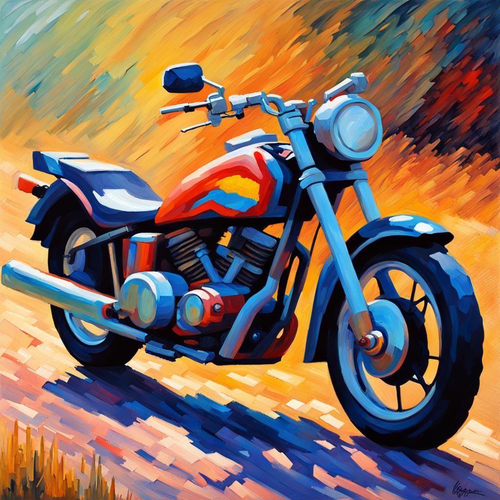 Motorcycle in Neo-Impressionistic Expressionist Oil Painting...