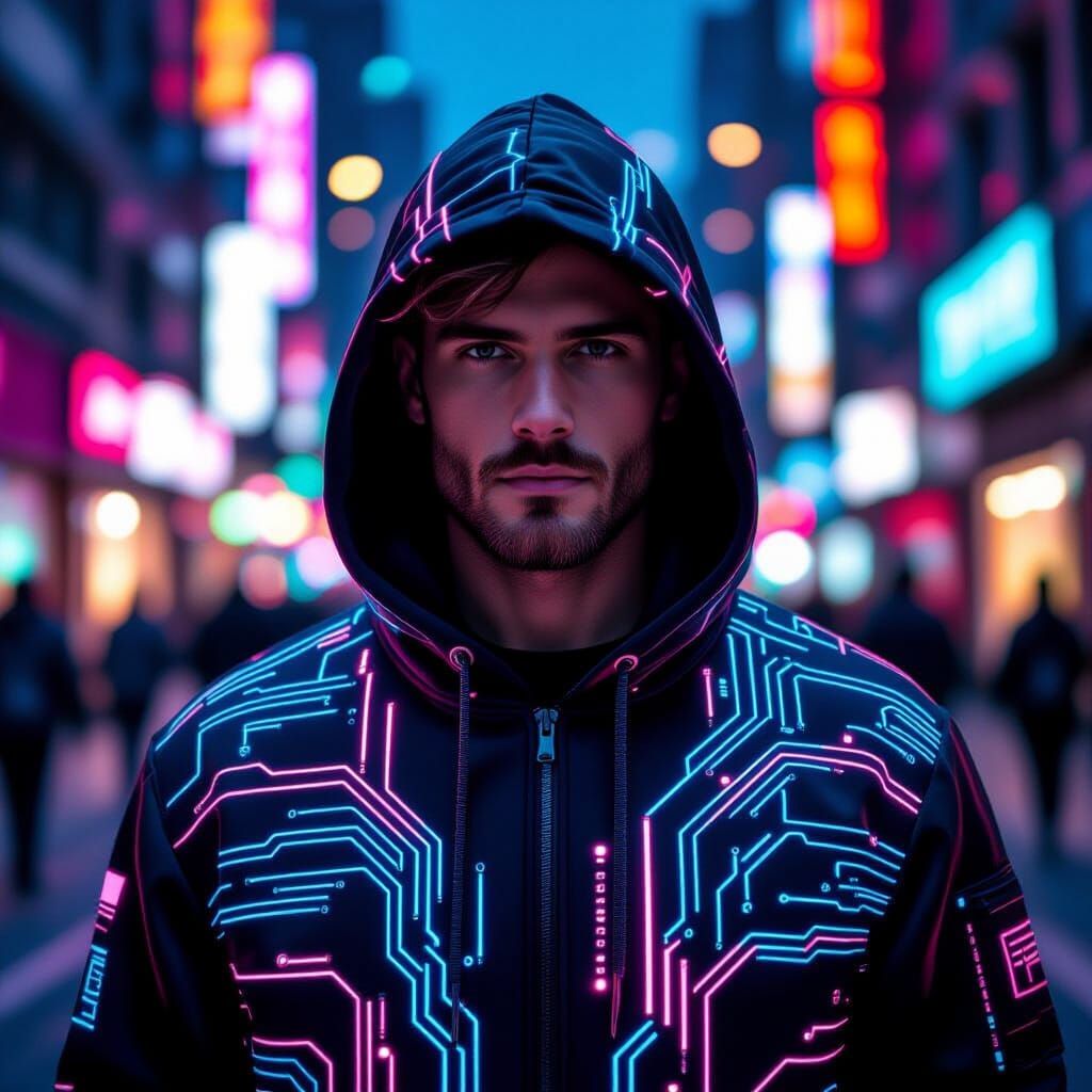 Man in Neon Laser Hoodie, Cyberpunk Style