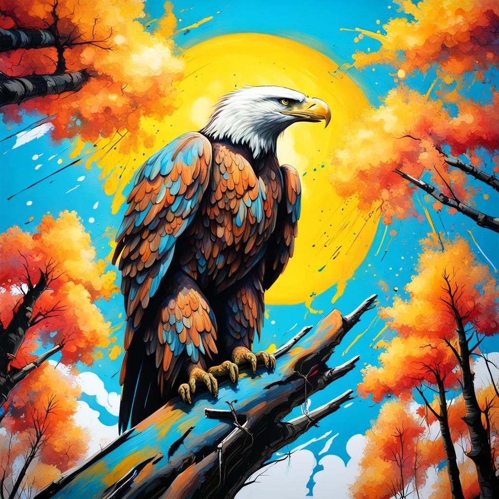 Eagle Soaring Above Birch Trees in Graffiti Art
